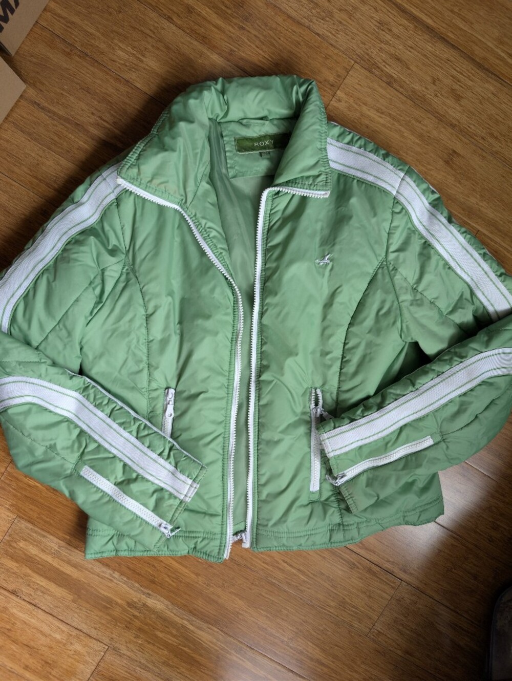 Roxy Surf Green Puffer Jacket with White Stripes
